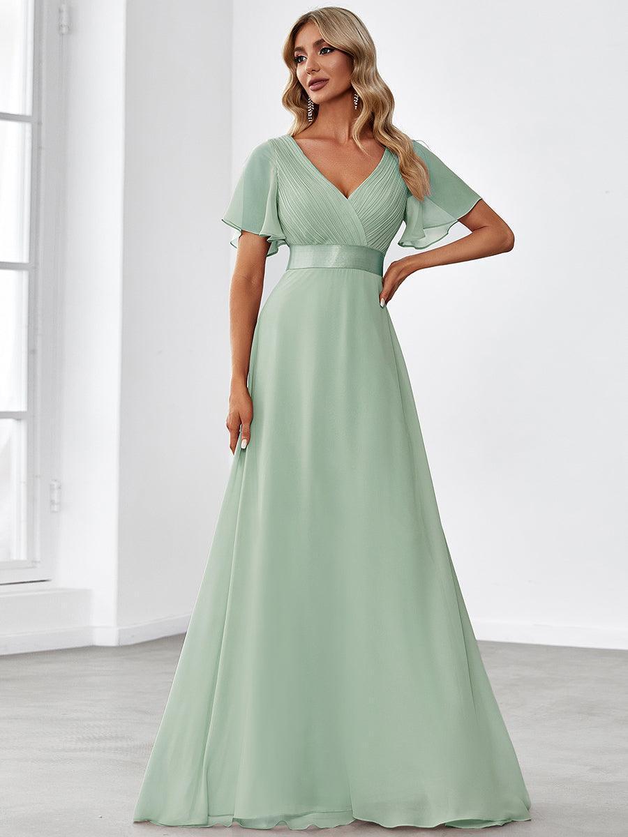 Robe mariage invitée fluide élégante en mousseline à taille haute #Couleur_Menthe Verte