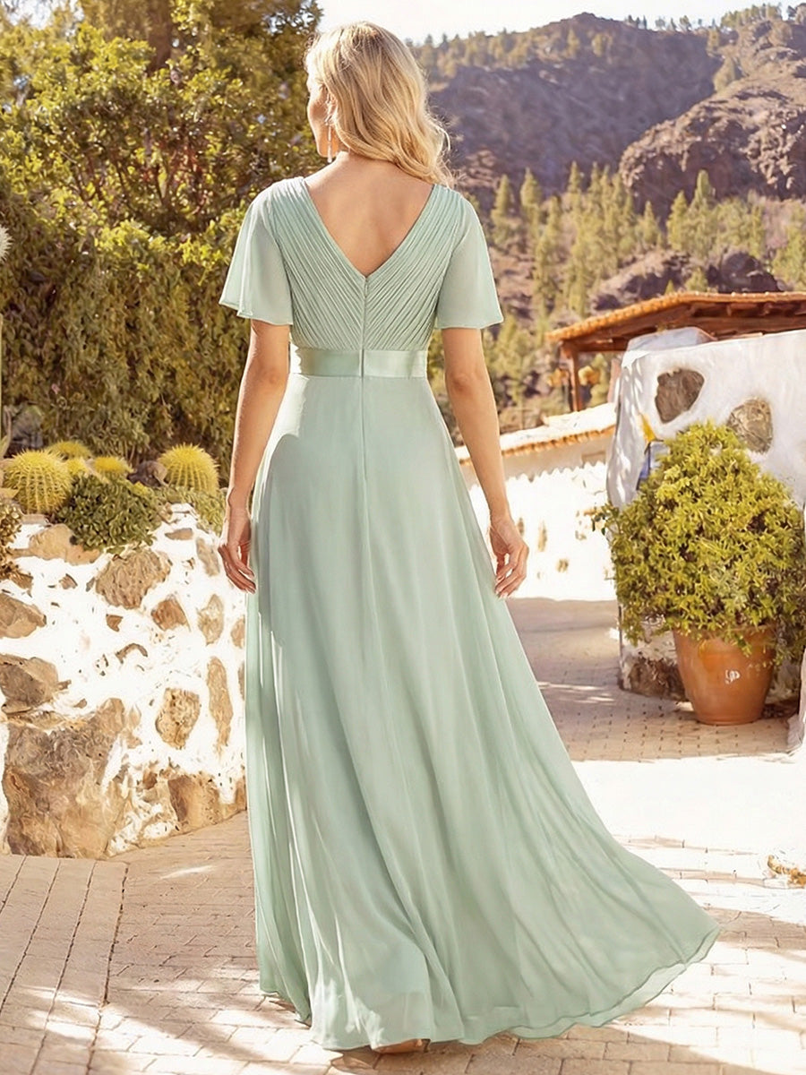 Robe mariage invitée fluide élégante en mousseline à taille haute #Couleur_Menthe Verte