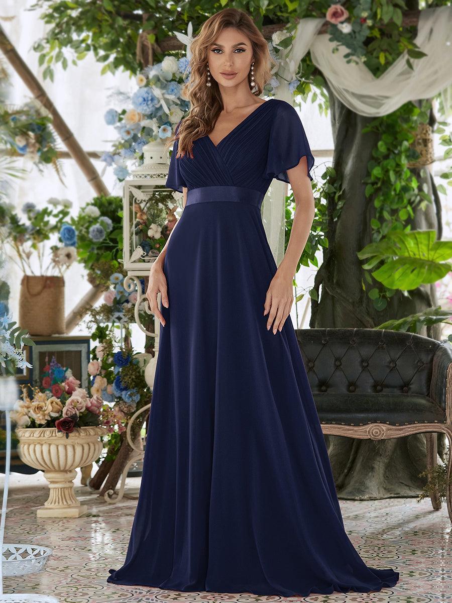Robe mariage invitée fluide élégante en mousseline à taille haute #Couleur_Bleu Marine