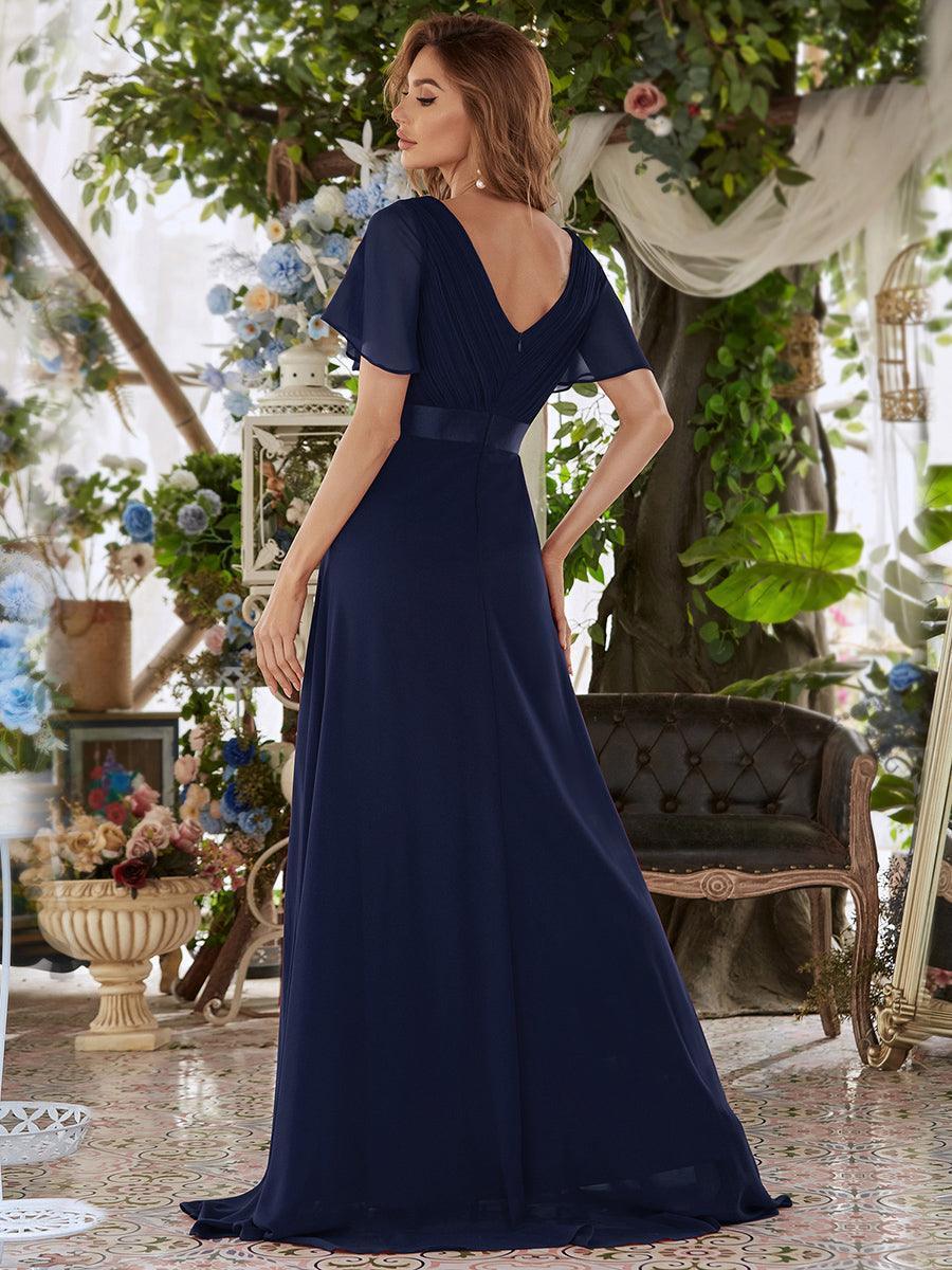 Robe mariage invitée fluide élégante en mousseline à taille haute #Couleur_Bleu Marine