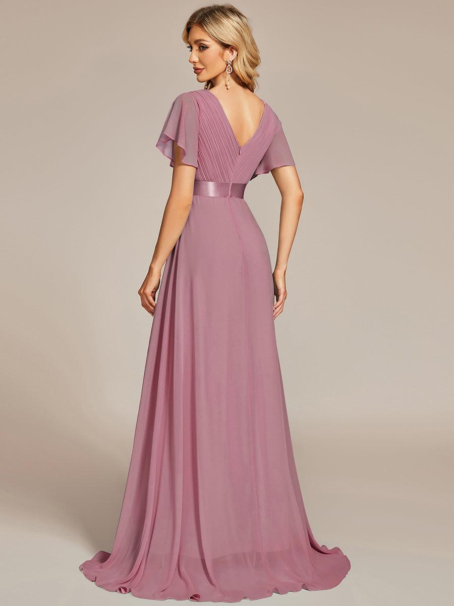 Robe Demoiselle d'Honneur Longue en Mousseline à Col en V #Couleur_Orchidee
