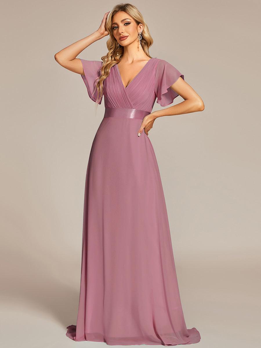 Robe Demoiselle d'Honneur Longue en Mousseline à Col en V #Couleur_Orchidee