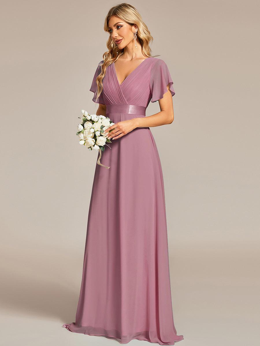 Robe Demoiselle d'Honneur Longue en Mousseline à Col en V #Couleur_Orchidee