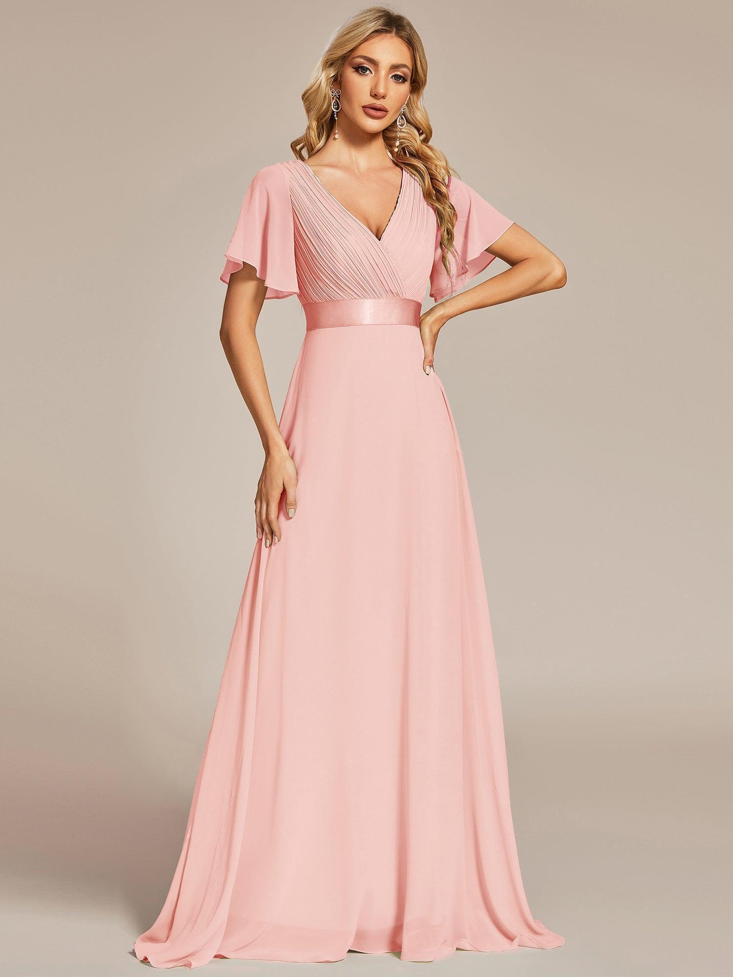 Robe mariage invitée fluide élégante en mousseline à taille haute #Couleur_Rose