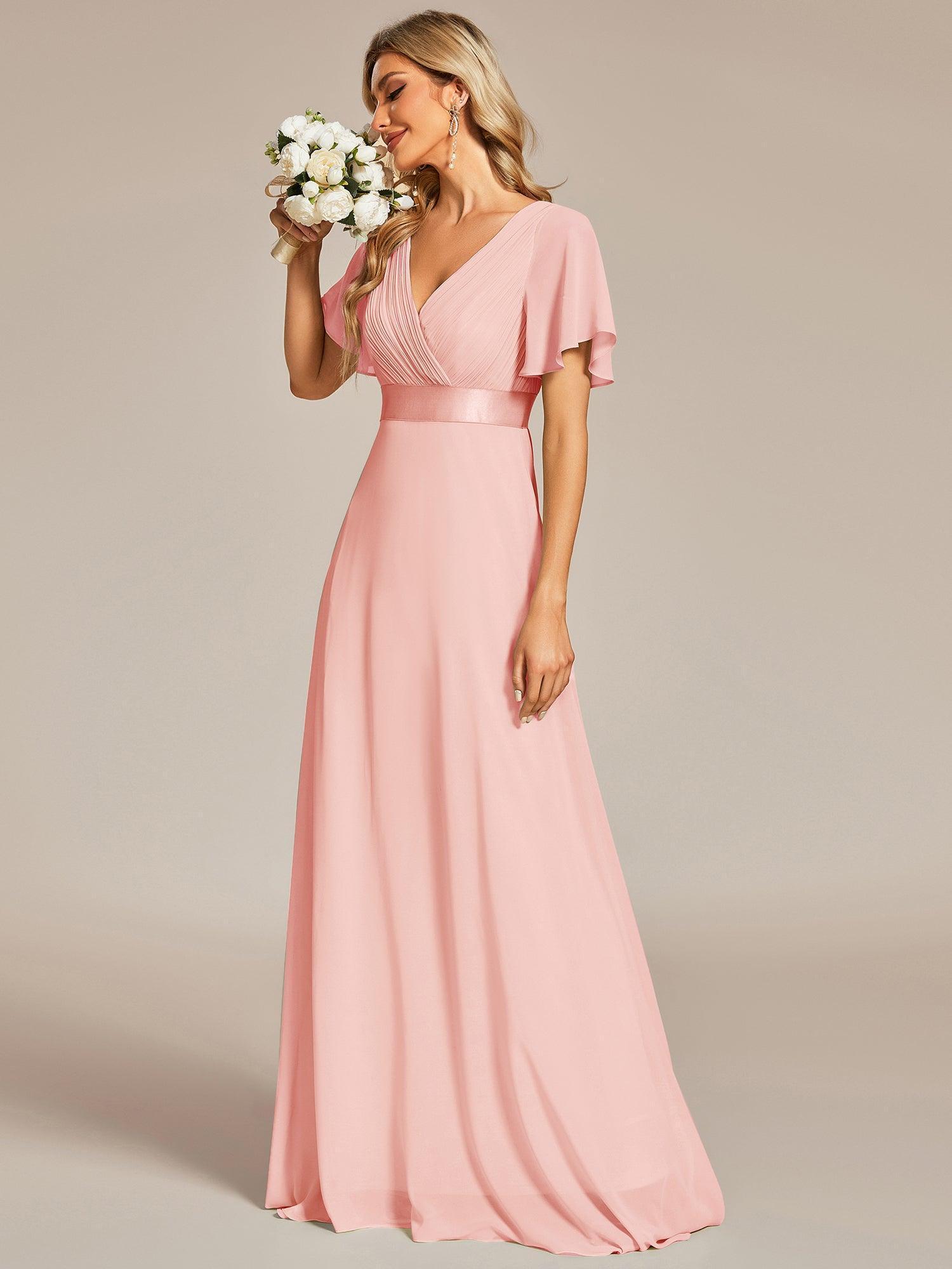 Robe mariage invitée fluide élégante en mousseline à taille haute #Couleur_Rose