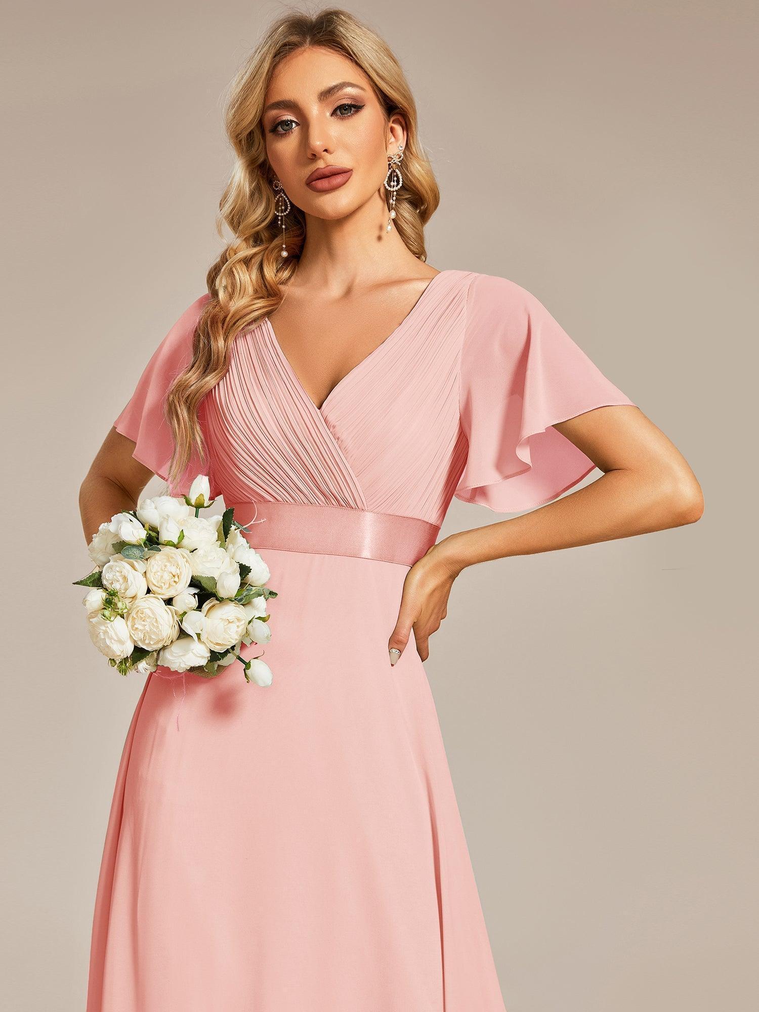 Robe mariage invitée fluide élégante en mousseline à taille haute #Couleur_Rose