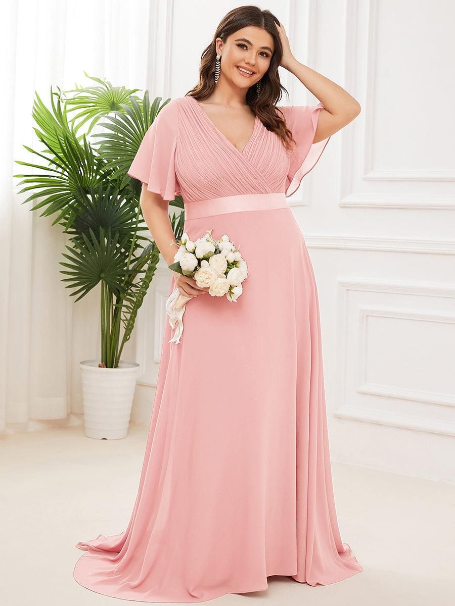 Robe Demoiselle d'Honneur Longue en Mousseline à Col en V #Couleur_Rose