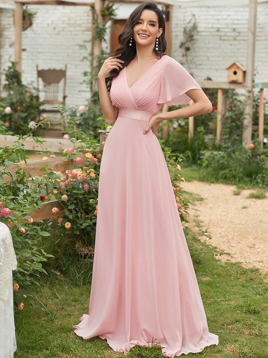 Robe Demoiselle d'Honneur Longue en Mousseline à Col en V #Couleur_Rose