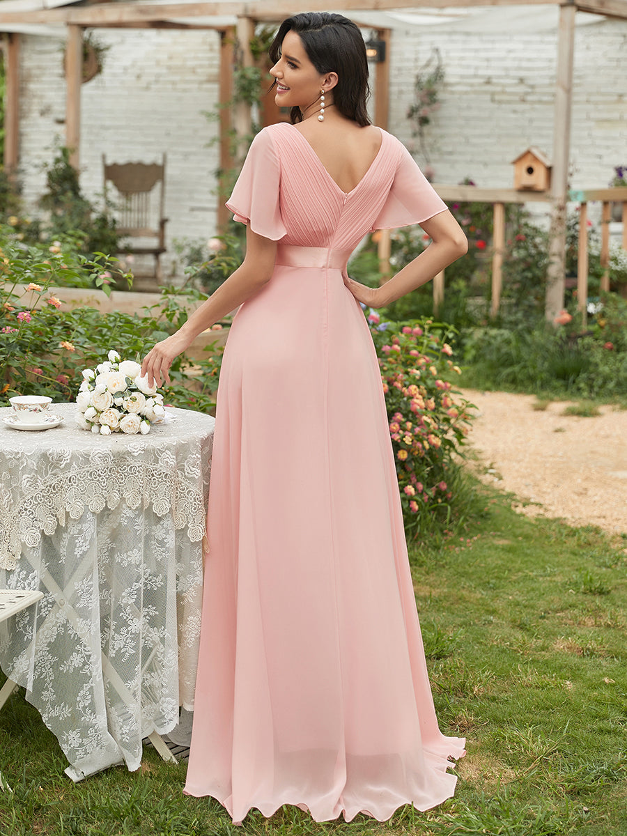 Robe mariage invitée fluide élégante en mousseline à taille haute #Couleur_Rose