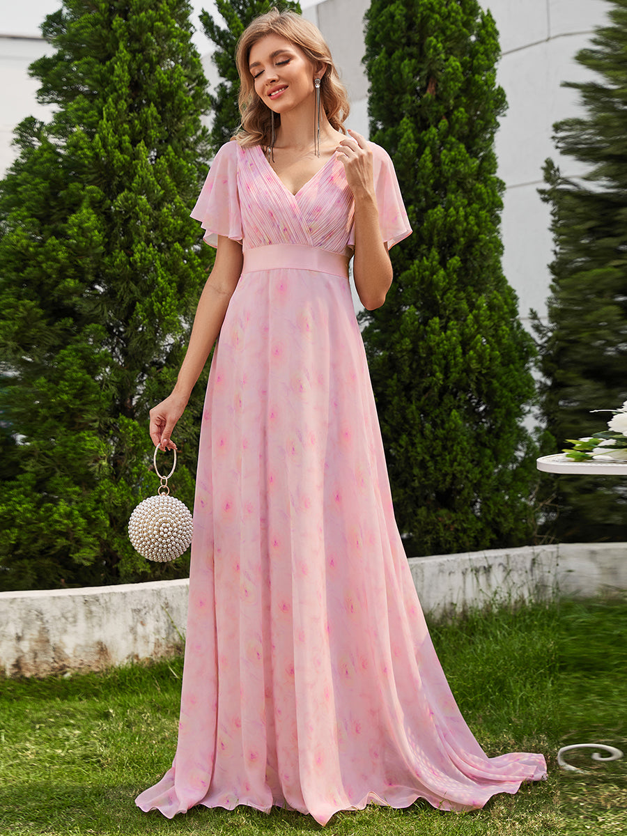 Robe de Soirée élégante en mousseline à taille haute et manches courtes #Couleur_Roses Violet Clair