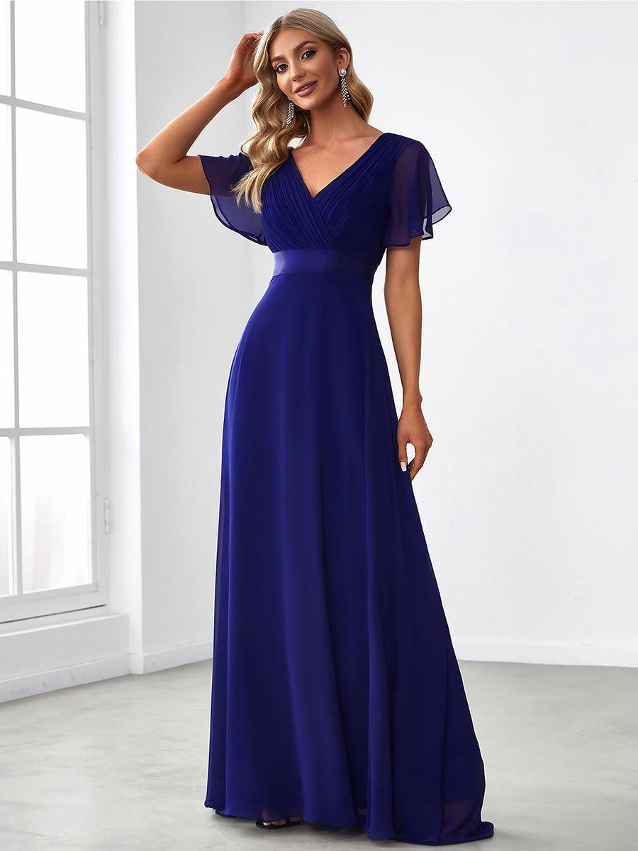Robe mariage invitée fluide élégante en mousseline à taille haute #Couleur_Bleu Royal