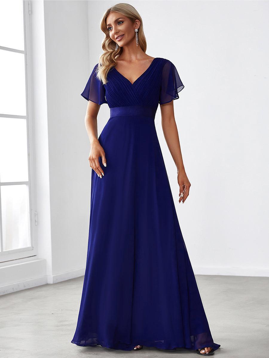 Robe mariage invitée fluide élégante en mousseline à taille haute #Couleur_Bleu Royal
