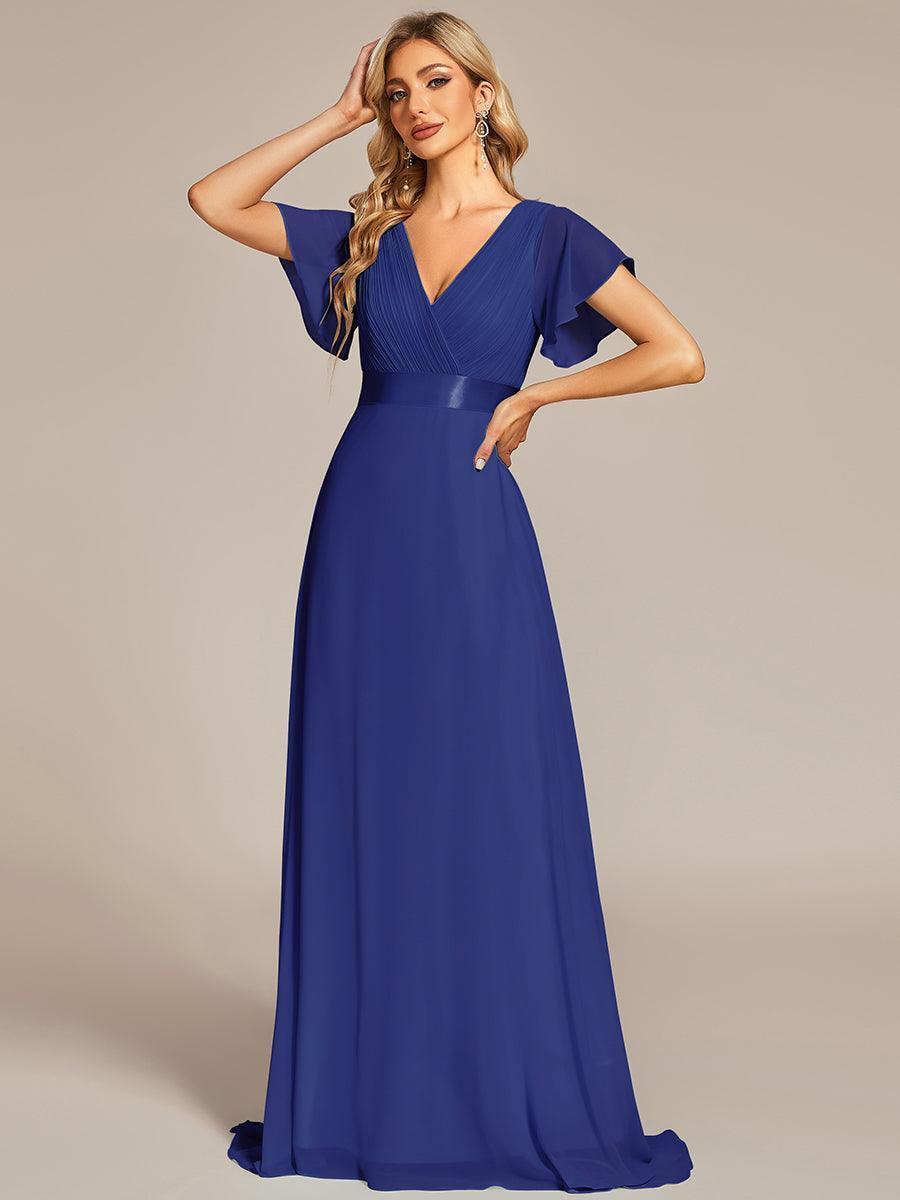 Robe mariage invitée fluide élégante en mousseline à taille haute #Couleur_Bleu Saphir