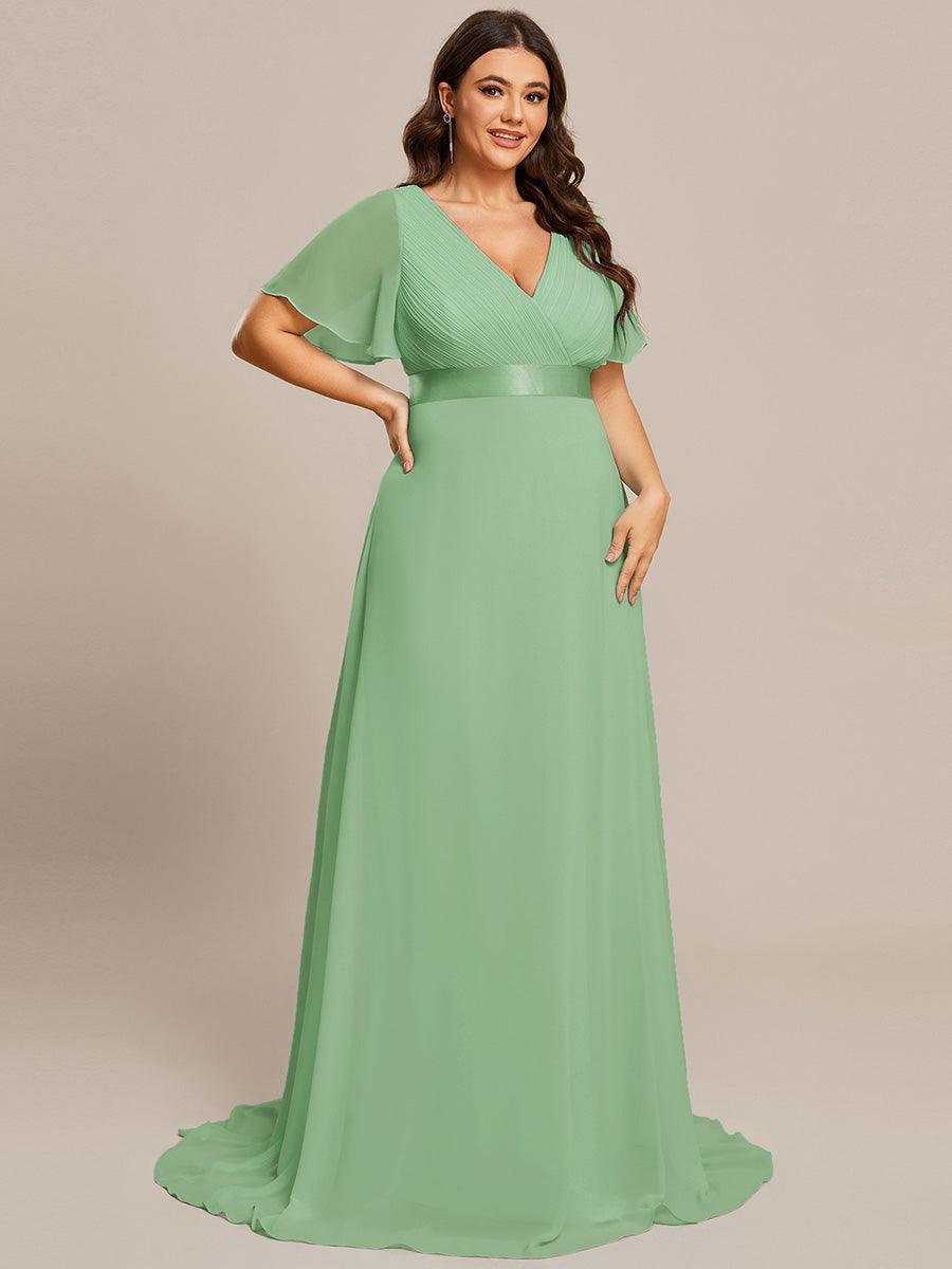 Robe Demoiselle d'Honneur Longue en Mousseline à Col en V #Couleur_Vert sauge