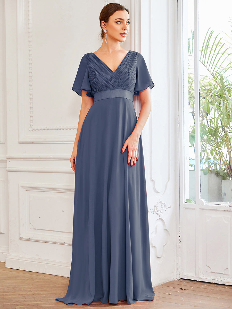 Robe de Soirée élégante en mousseline à taille haute et manches courtes #Couleur_Orage