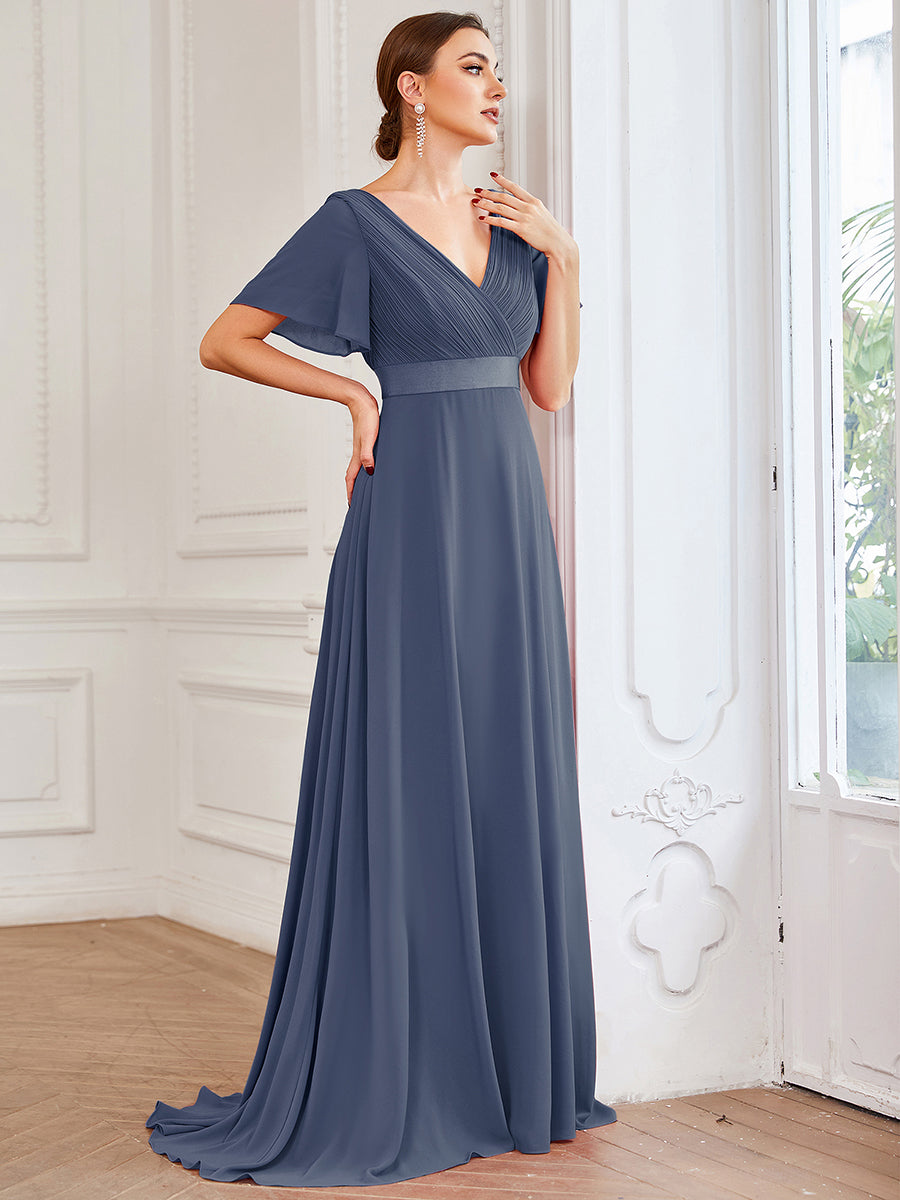 Robe de Soirée élégante en mousseline à taille haute et manches courtes #Couleur_Orage