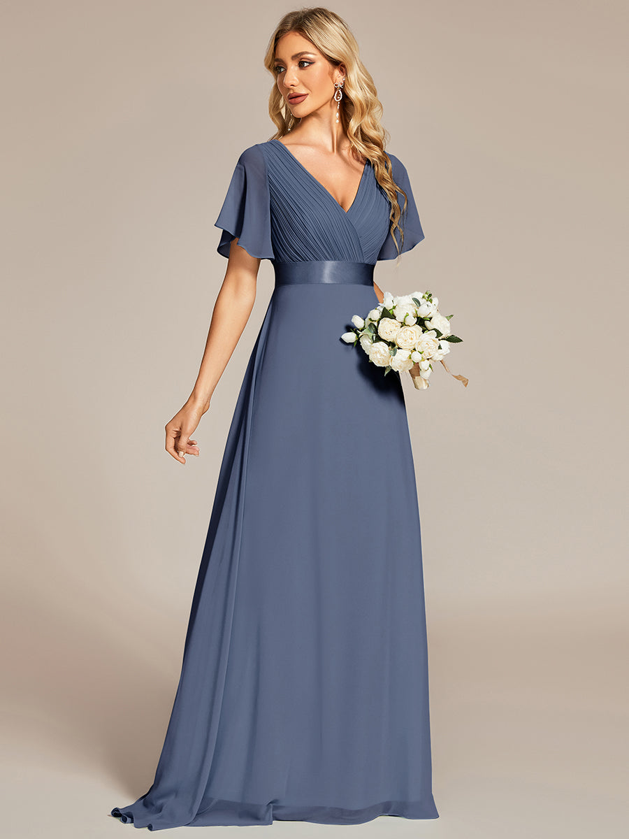 Robe de Soirée élégante en mousseline à taille haute et manches courtes #Couleur_Orage