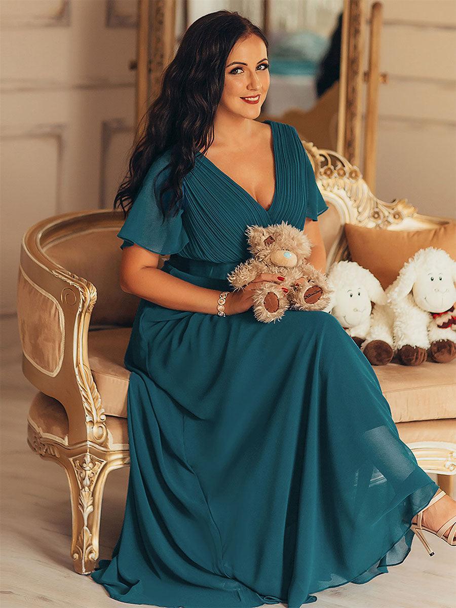 Robe mariage invitée fluide élégante en mousseline à taille haute #Couleur_Bleu Sarcelle