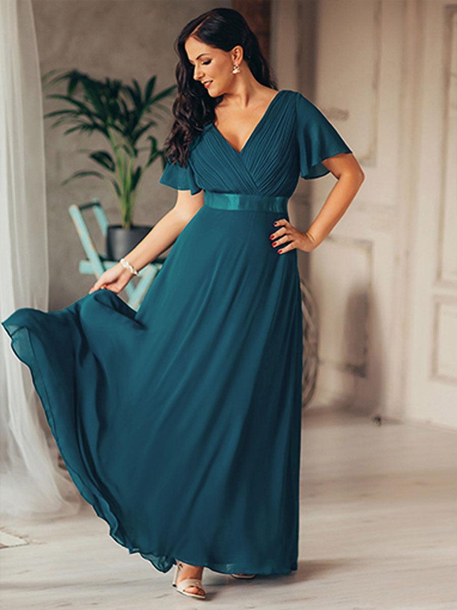 Robe mariage invitée fluide élégante en mousseline à taille haute #Couleur_Bleu Sarcelle