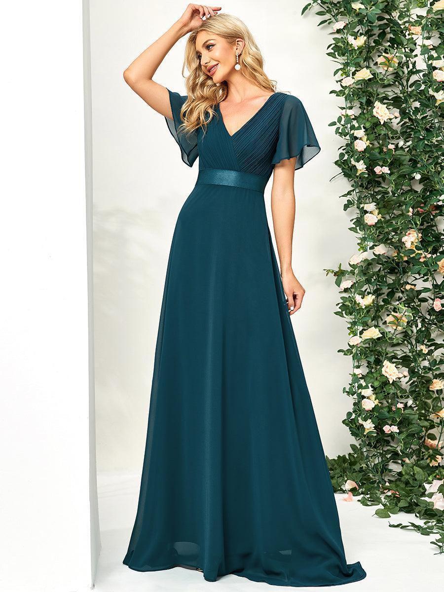 Robe mariage invitée fluide élégante en mousseline à taille haute #Couleur_Bleu Sarcelle