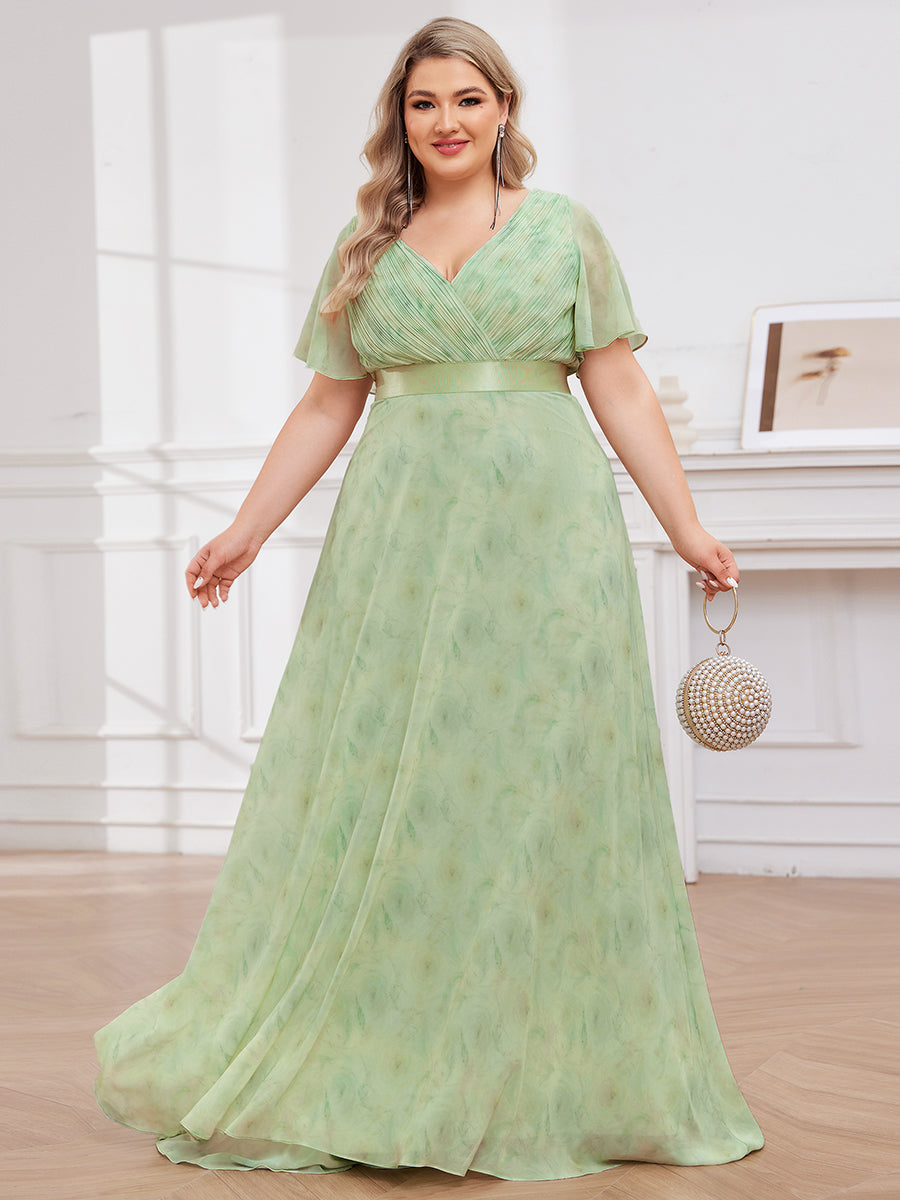 Robe de Soirée élégante en mousseline à taille haute et manches courtes #Couleur_Roses Vert Clair