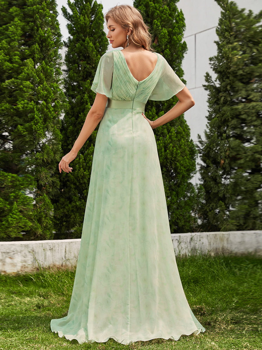 Robe de Soirée élégante en mousseline à taille haute et manches courtes #Couleur_Roses Vert Clair