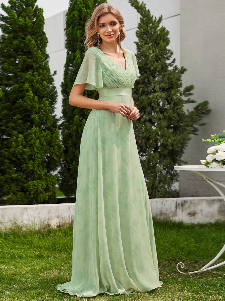 Robe de Soirée élégante en mousseline à taille haute et manches courtes #Couleur_Roses Vert Clair