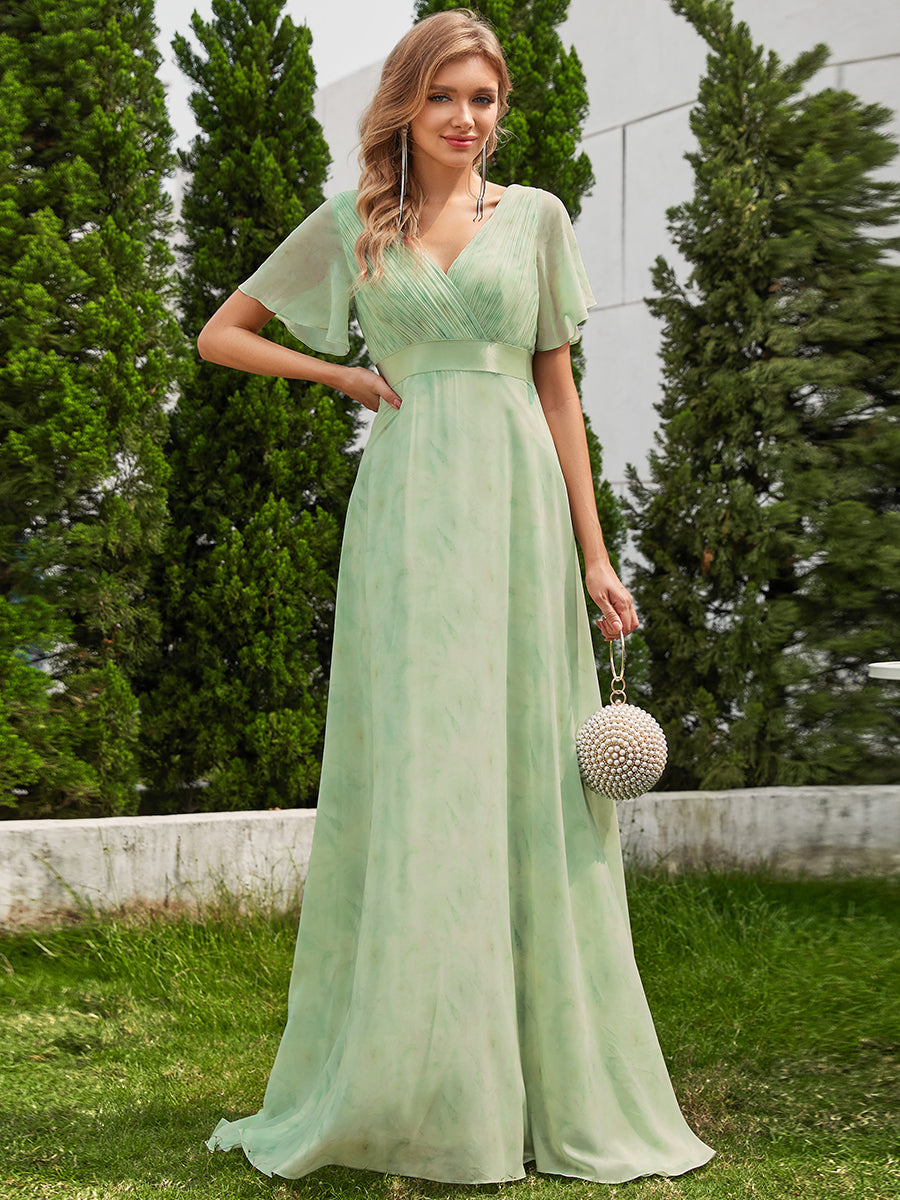 Robe de Soirée élégante en mousseline à taille haute et manches courtes #Couleur_Roses Vert Clair