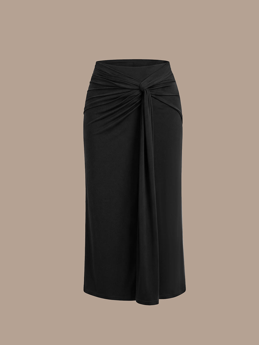 Robe midi bodycon à détail nœud et haute élasticité #Couleur_Noir