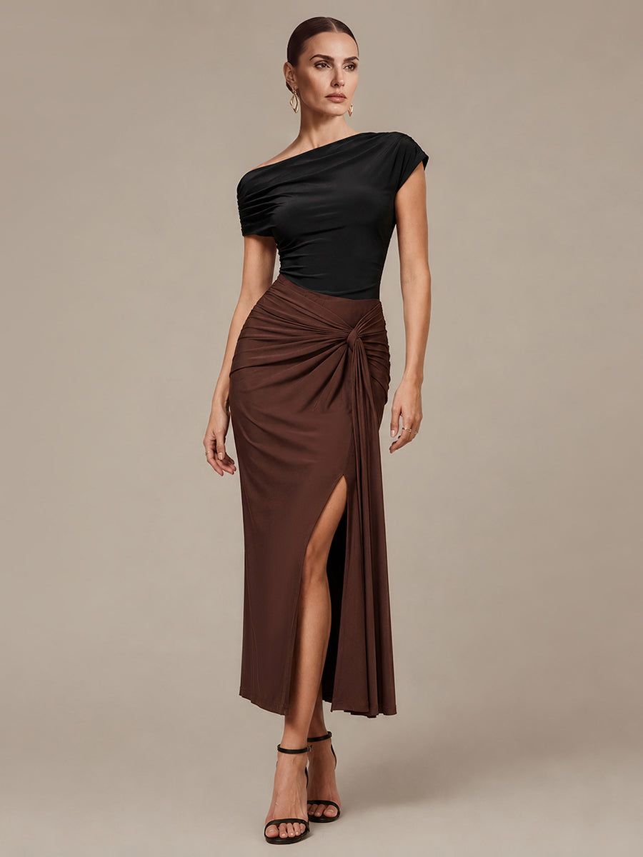 Robe midi bodycon à détail nœud et haute élasticité #Couleur_Marron chocolat