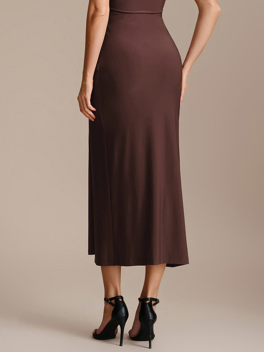 Robe midi bodycon à détail nœud et haute élasticité #Couleur_Marron chocolat