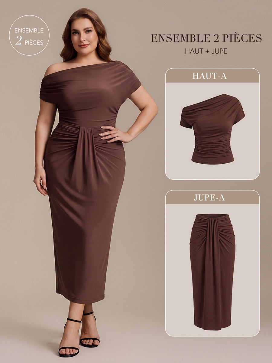 Robe midi bodycon très extensible à manches longues avec des détails élégants #Couleur_Marron chocolat