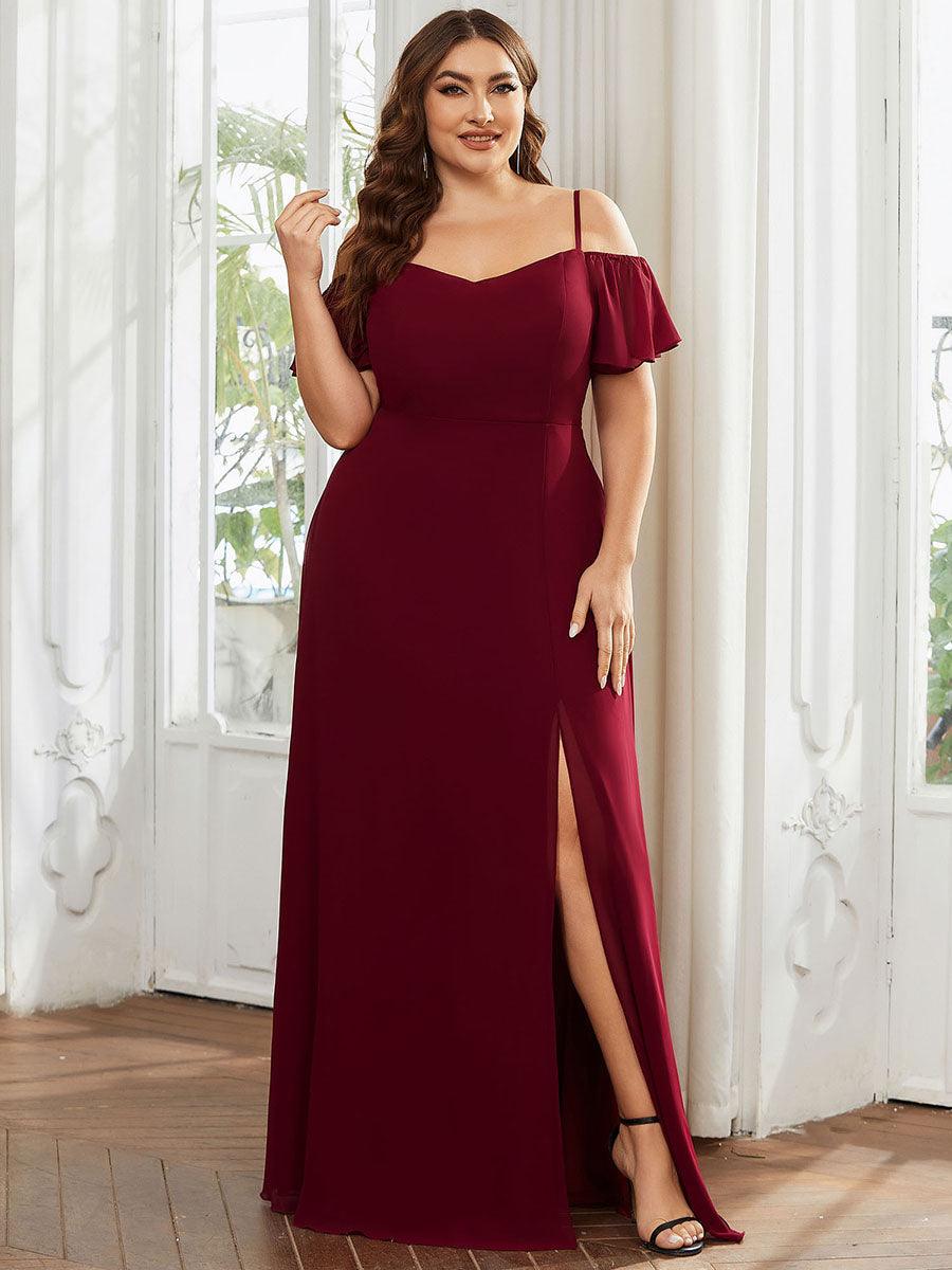 Robe de soirée à épaules dénudées et encolure en V taille Plus fente latérale #Couleur_Bordeaux