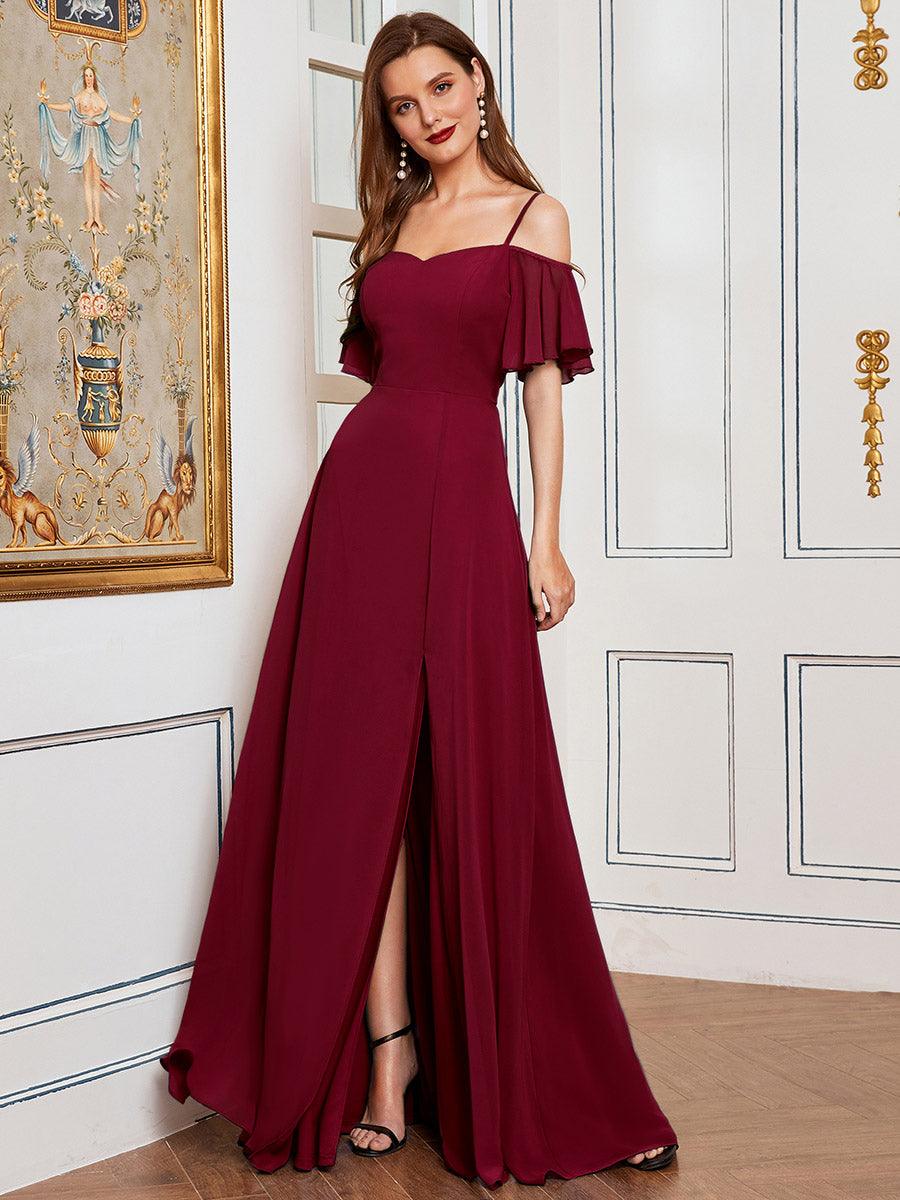 Robe Demoiselle d'Honneur sexy à épaules dénudées et à encolure en V #Couleur_Bordeaux