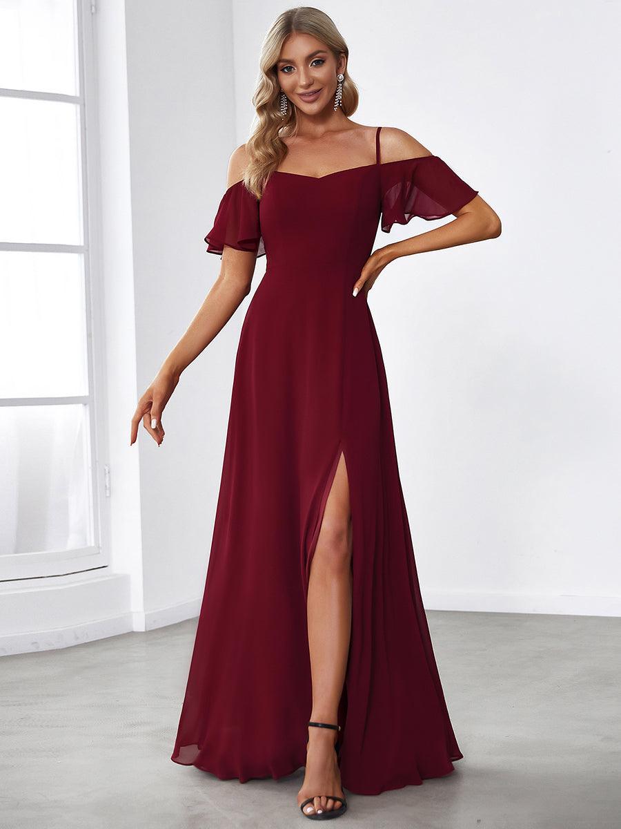 Robe Demoiselle d'Honneur sexy à épaules dénudées et à encolure en V #Couleur_Bordeaux
