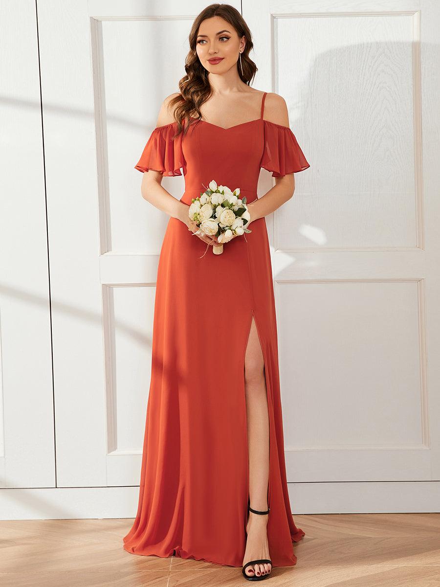 Robe Demoiselle d'Honneur sexy à épaules dénudées et à encolure en V #Couleur_Burnt orange