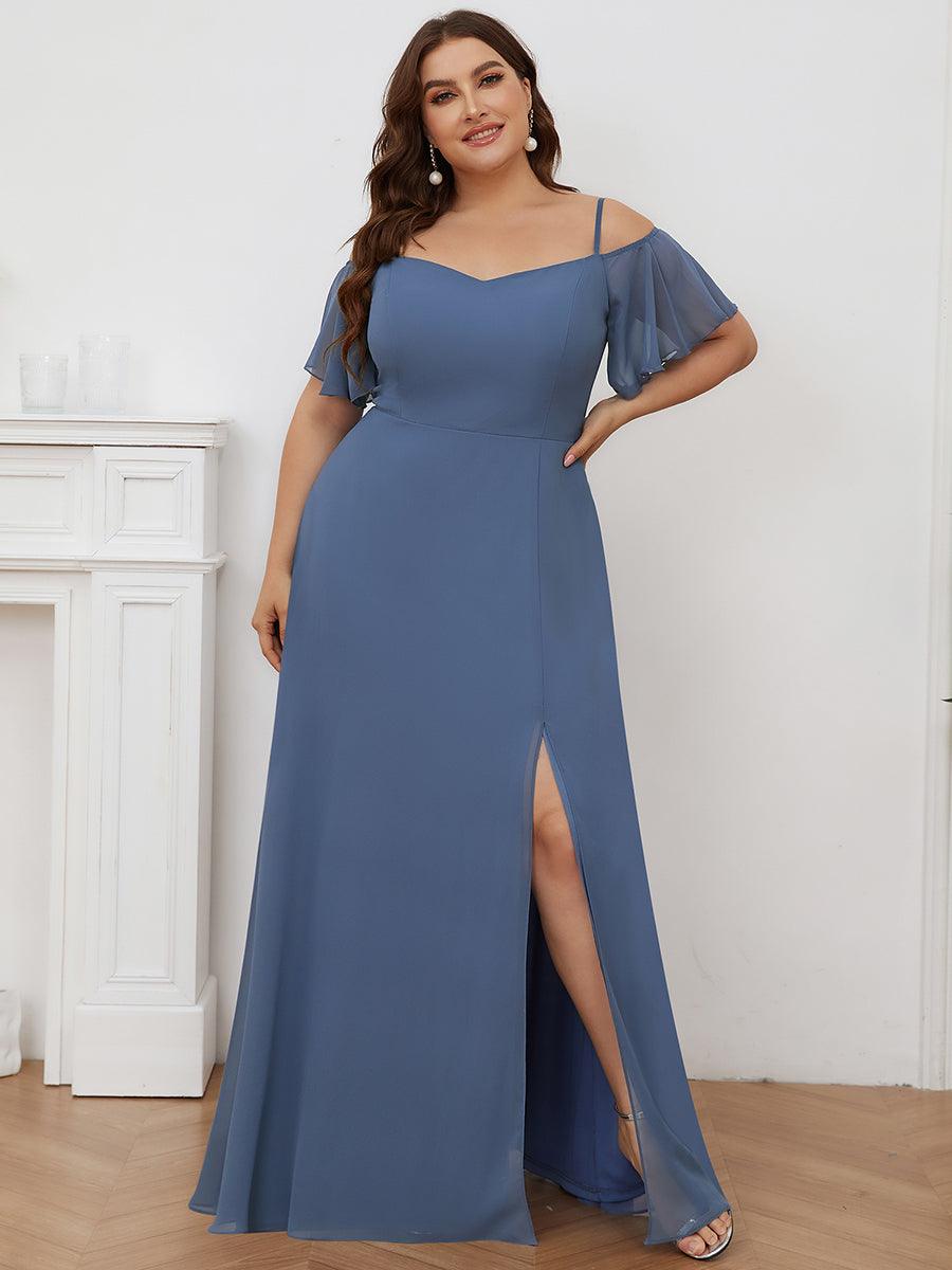 Robe de soirée à épaules dénudées et encolure en V taille Plus fente latérale #Couleur_Marine Fume