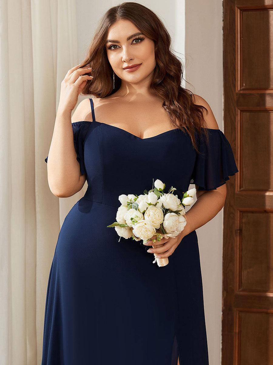 Robe de soirée à épaules dénudées et encolure en V taille Plus fente latérale #Couleur_Bleu Marine