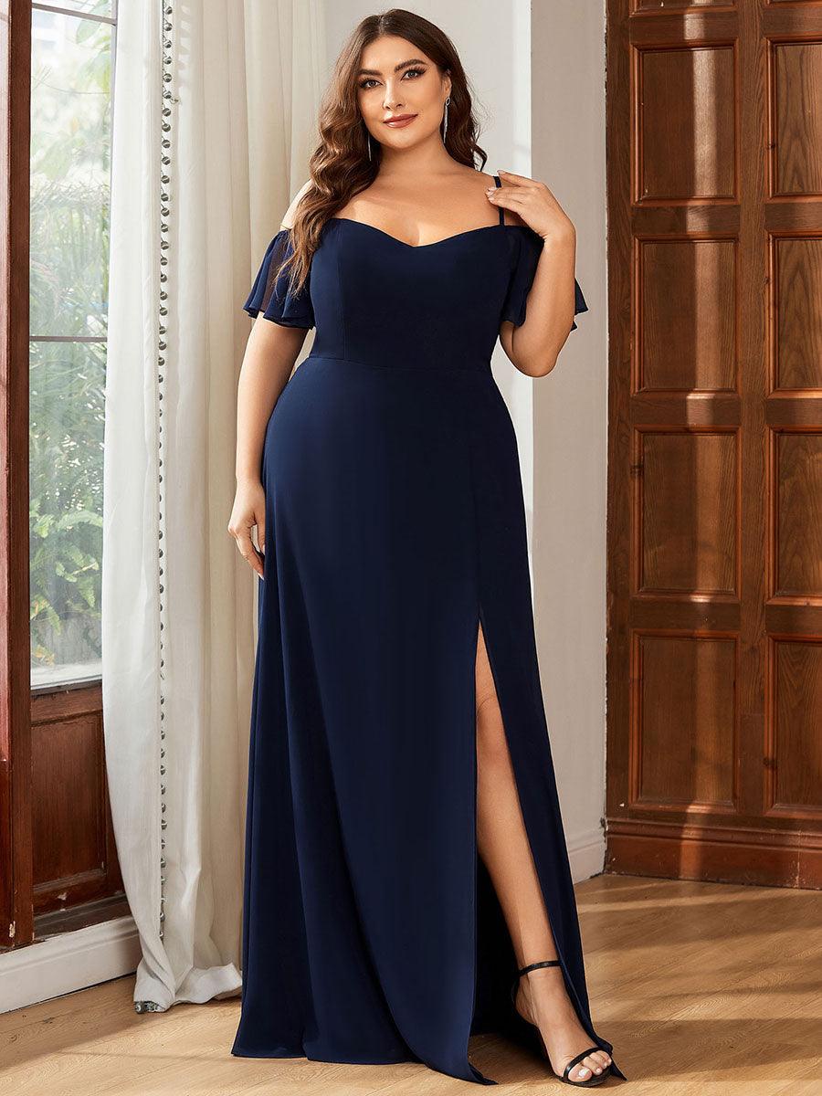 Robe de soirée à épaules dénudées et encolure en V taille Plus fente latérale #Couleur_Bleu Marine