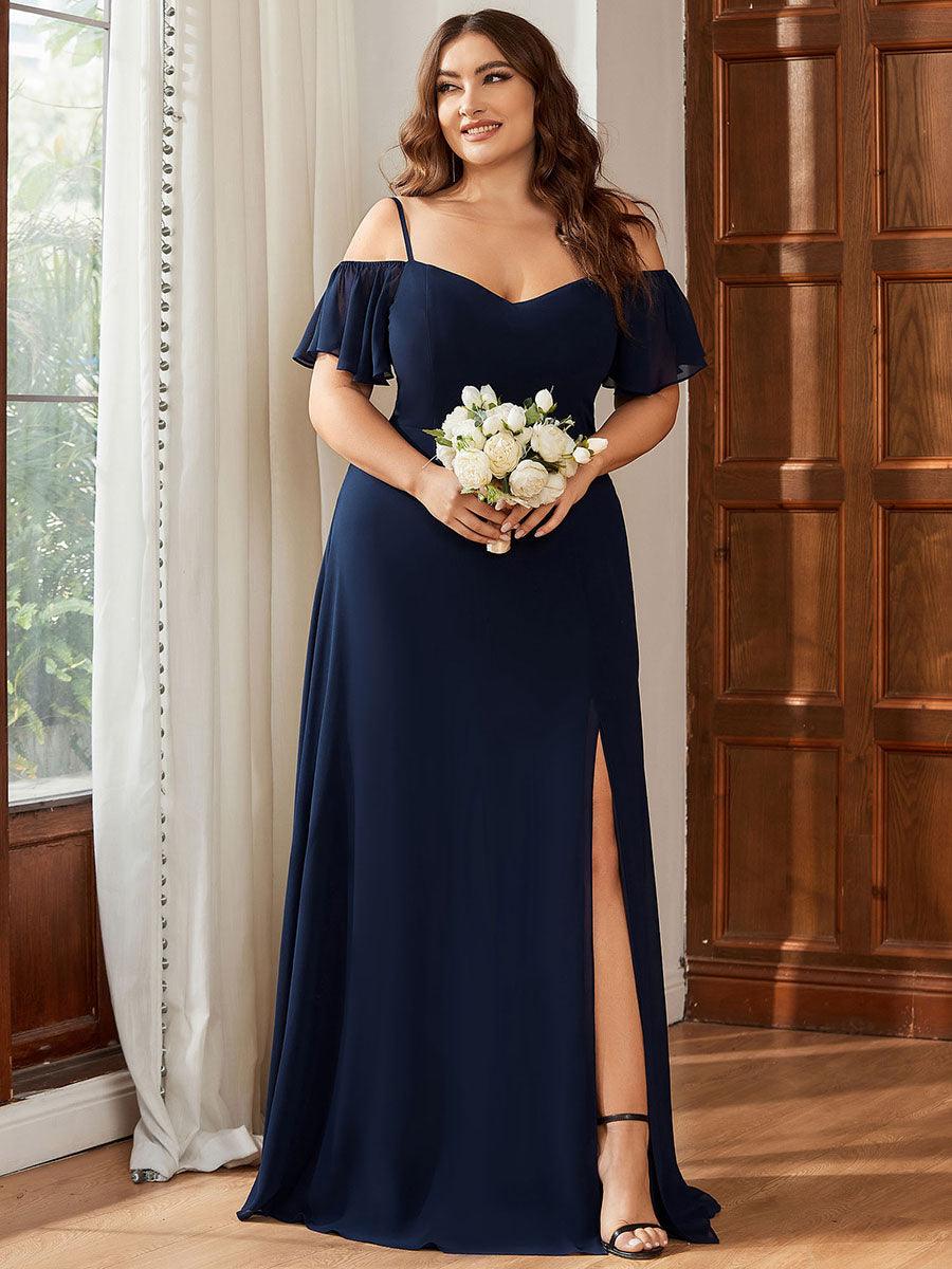 Robe de soirée à épaules dénudées et encolure en V taille Plus fente latérale #Couleur_Bleu Marine
