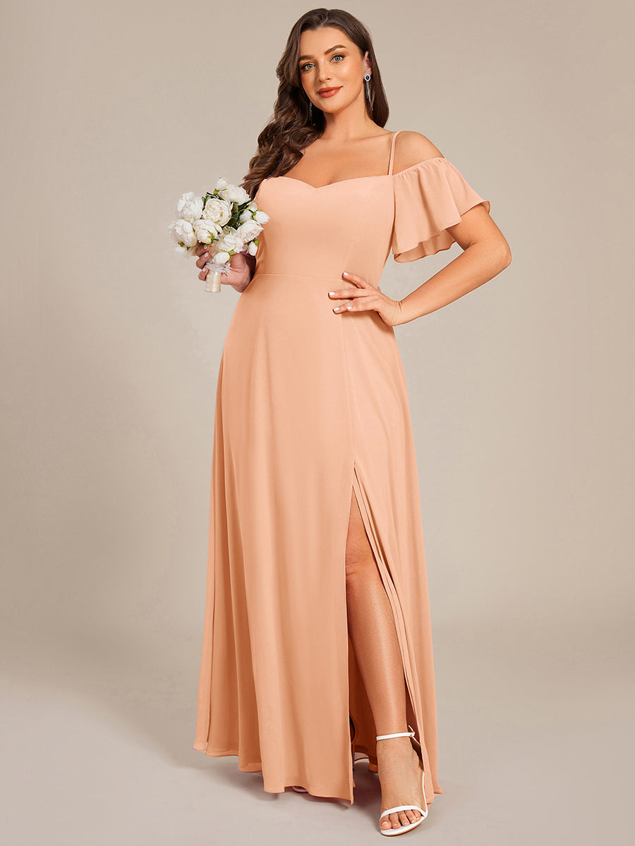 Robe d'invité de mariage trapèze en mousseline fluide à encolure ronde et longueur au genou #Couleur_Pêche