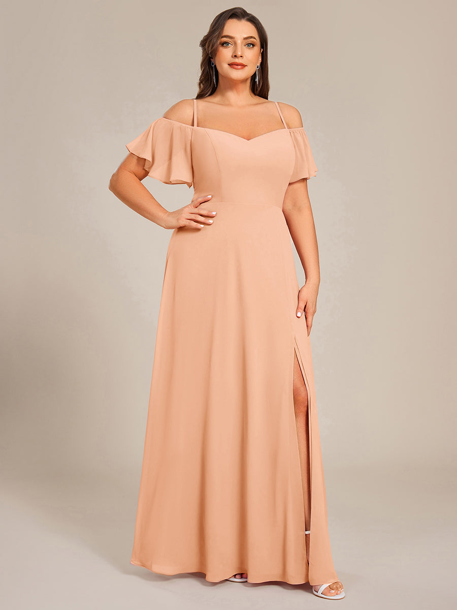 Robe d'invité de mariage trapèze en mousseline fluide à encolure ronde et longueur au genou #Couleur_Pêche
