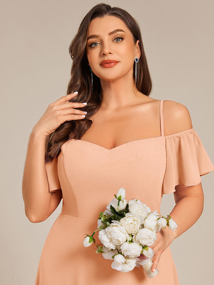 Robe d'invité de mariage trapèze en mousseline fluide à encolure ronde et longueur au genou #Couleur_Pêche