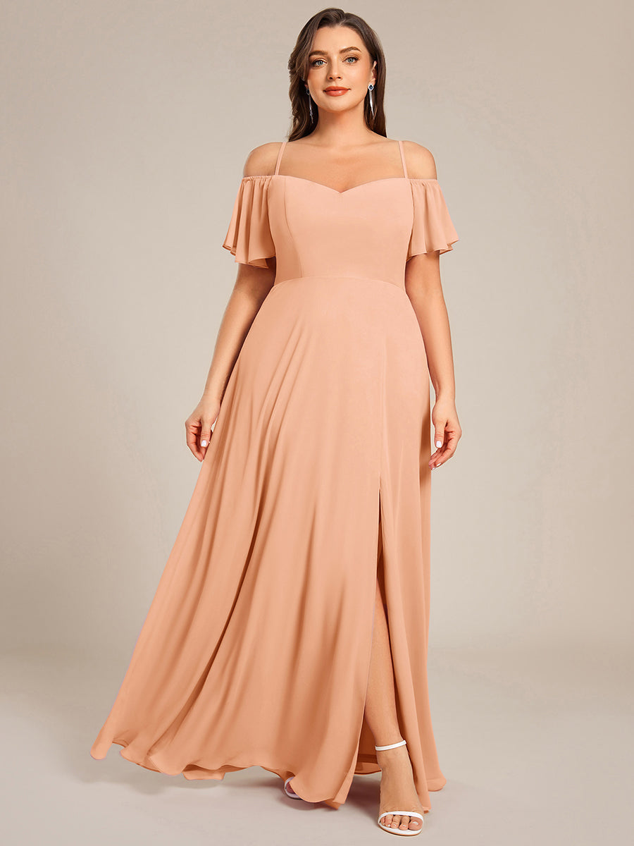 Robe d'invité de mariage trapèze en mousseline fluide à encolure ronde et longueur au genou #Couleur_Pêche