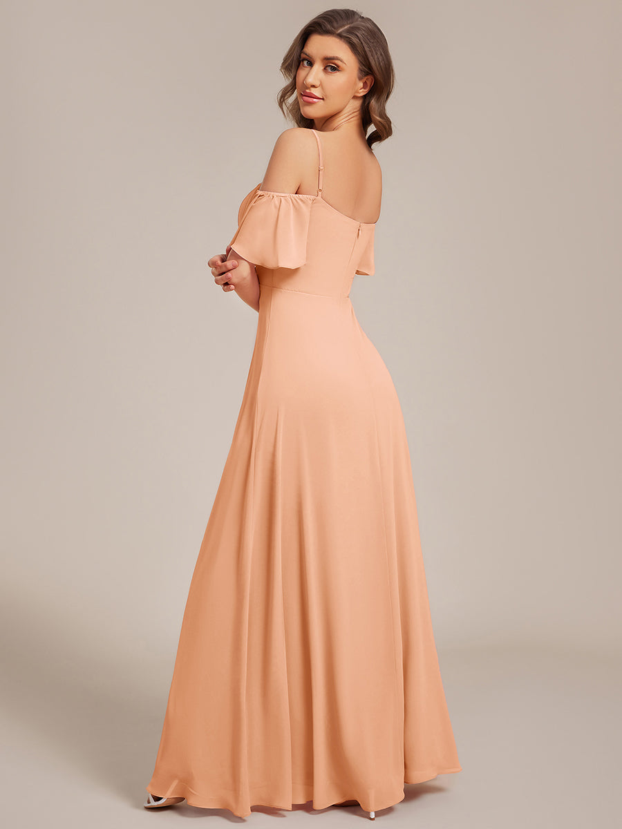 Robe d'invité de mariage trapèze en mousseline fluide à encolure ronde et longueur au genou #Couleur_Pêche