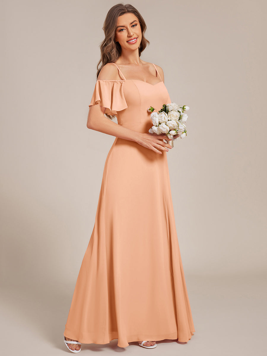 Robe d'invité de mariage trapèze en mousseline fluide à encolure ronde et longueur au genou #Couleur_Pêche