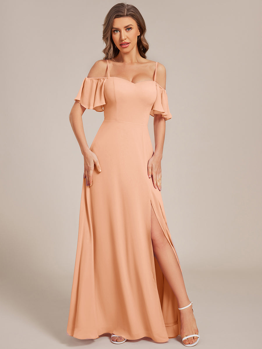 Robe d'invité de mariage trapèze en mousseline fluide à encolure ronde et longueur au genou #Couleur_Pêche
