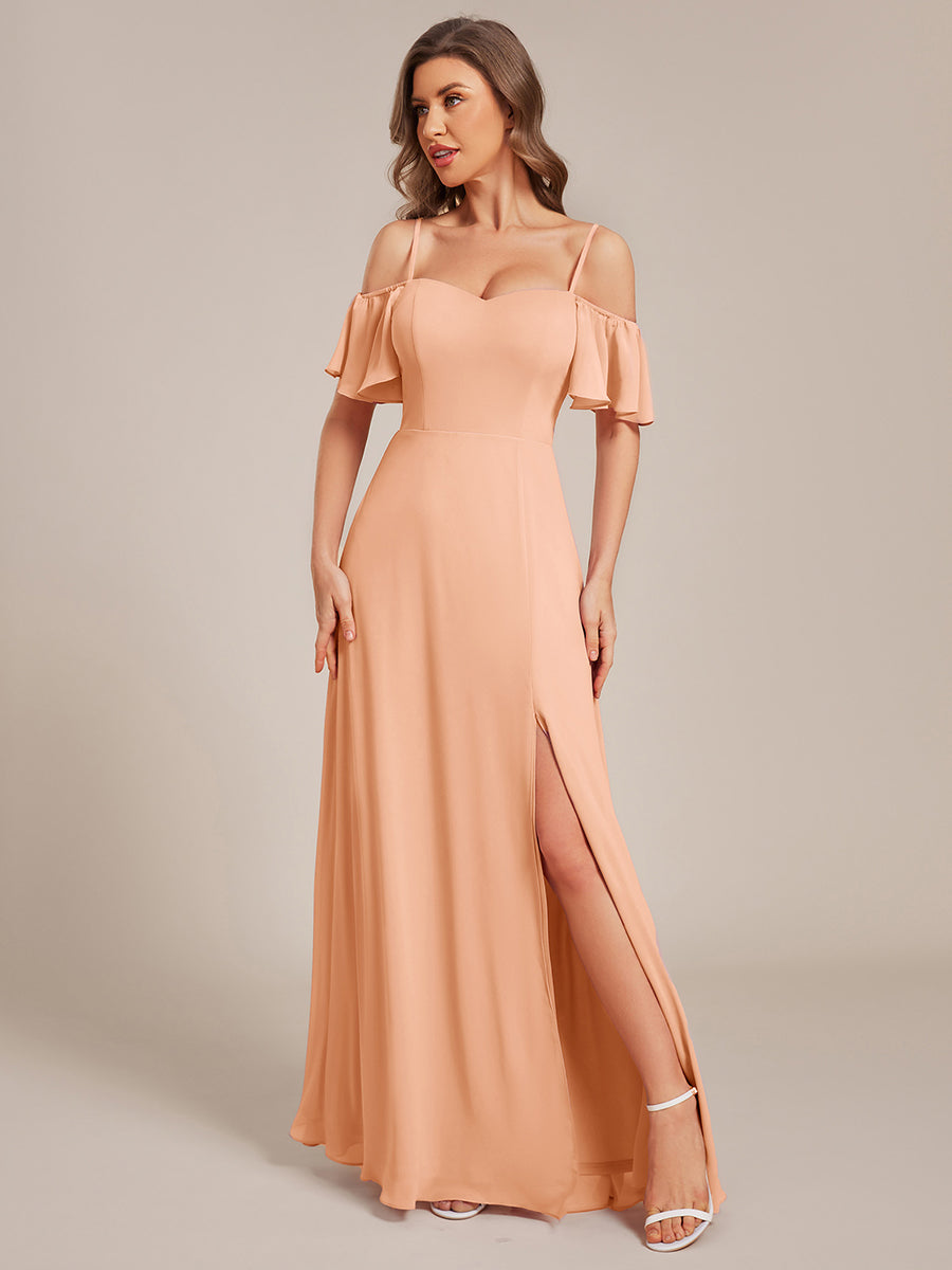 Robe d'invité de mariage trapèze en mousseline fluide à encolure ronde et longueur au genou #Couleur_Pêche