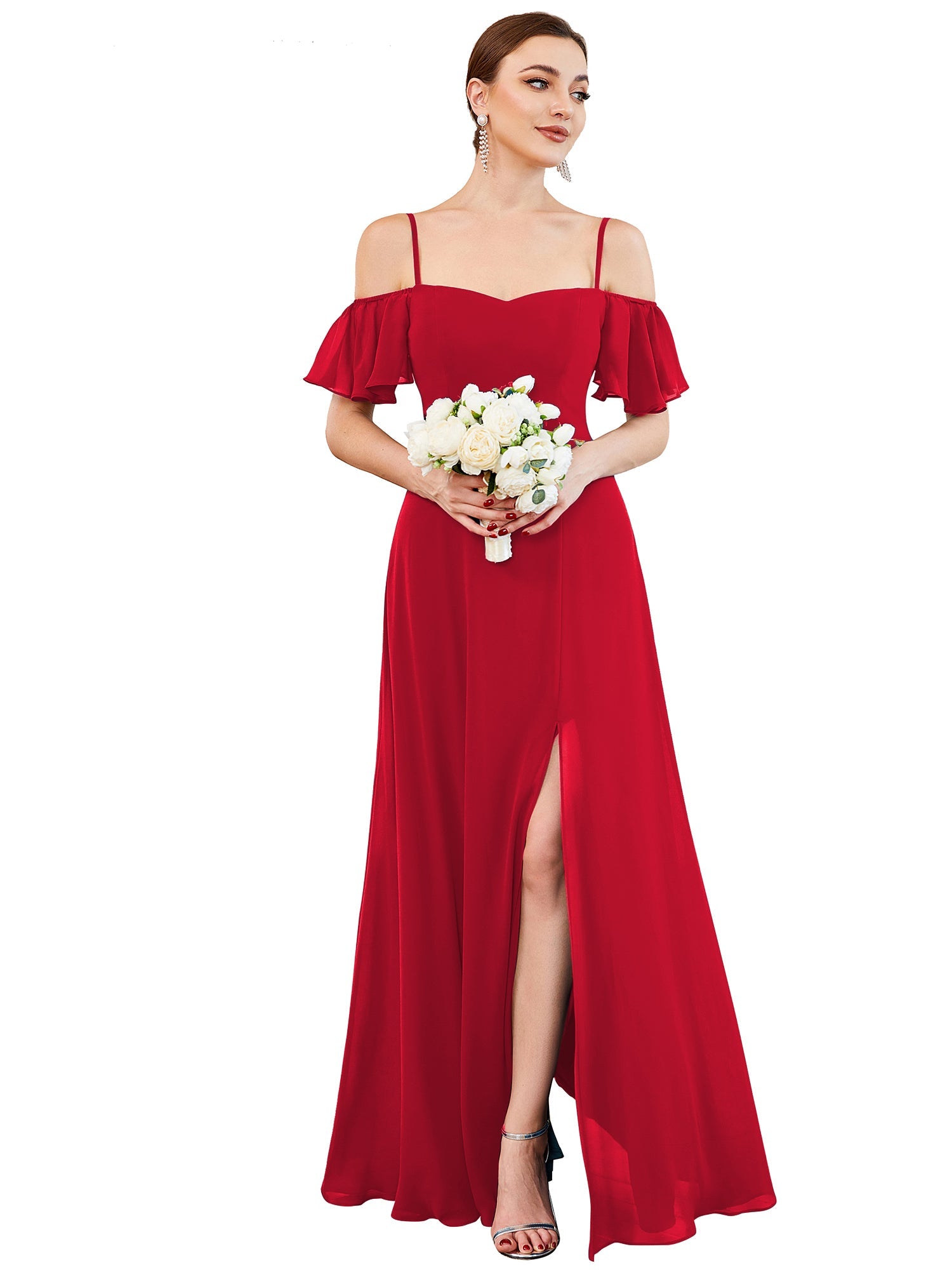 Robe d'invité de mariage trapèze en mousseline fluide à encolure ronde et longueur au genou #Couleur_Rouge