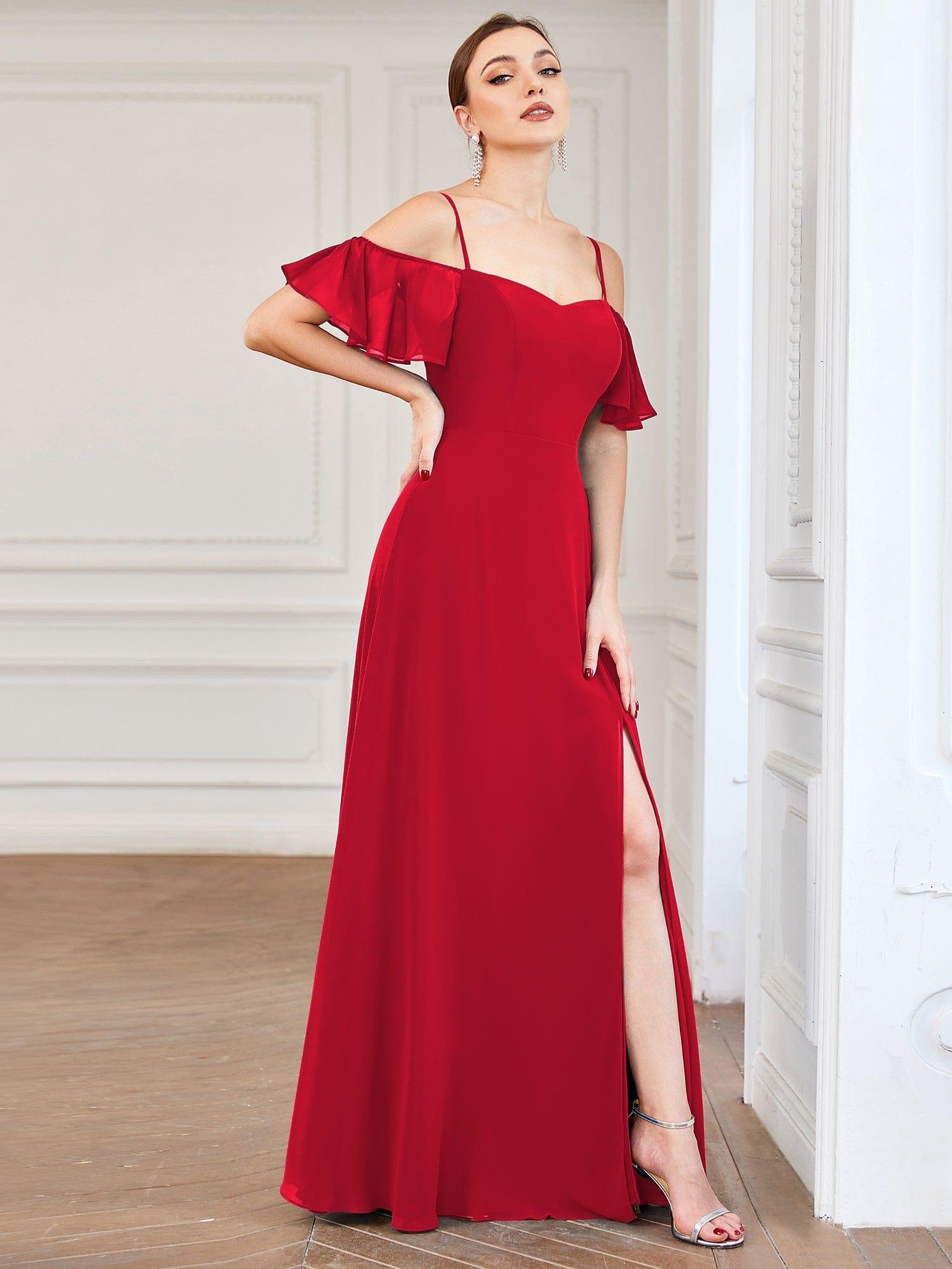 Robe D'invité De Mariage En Mousseline De Soie Mi-Longue Plissée à Manches à Volants Et Col En V #Couleur_Rouge